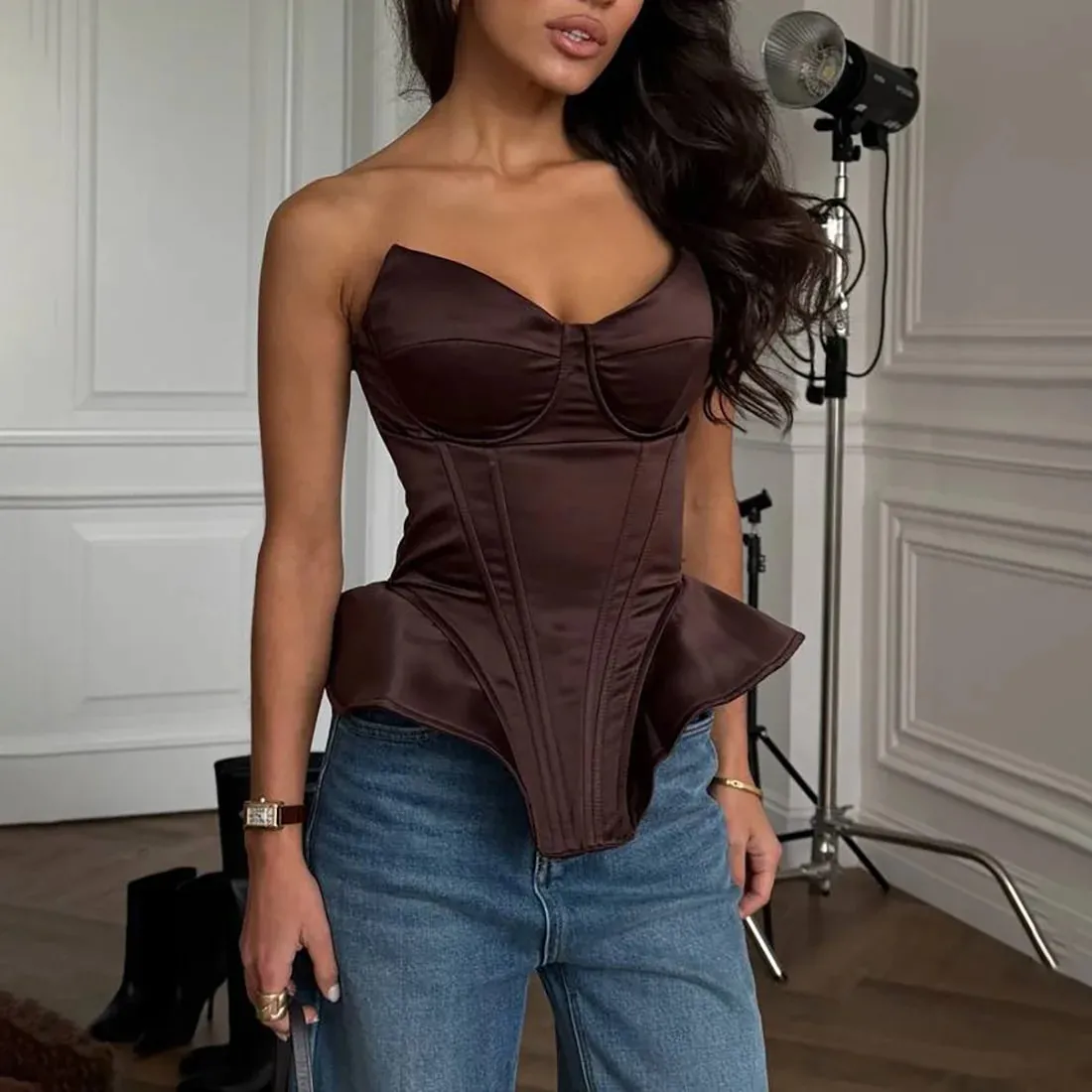 Sexy Fishbone Strapless Short Top Lady Chic Sleeveless Off-shoulder Backless Waist Cinching Blouse Women Vacation Party Tops — image 7