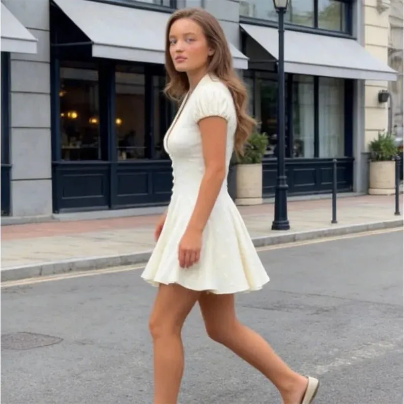 Polka Dot Slim Women Summer Mini Dress Solid Deep V-neck Puff Sleeves Pleated Front Button Short Dresses 2026 Lady Daily Wear — image 4