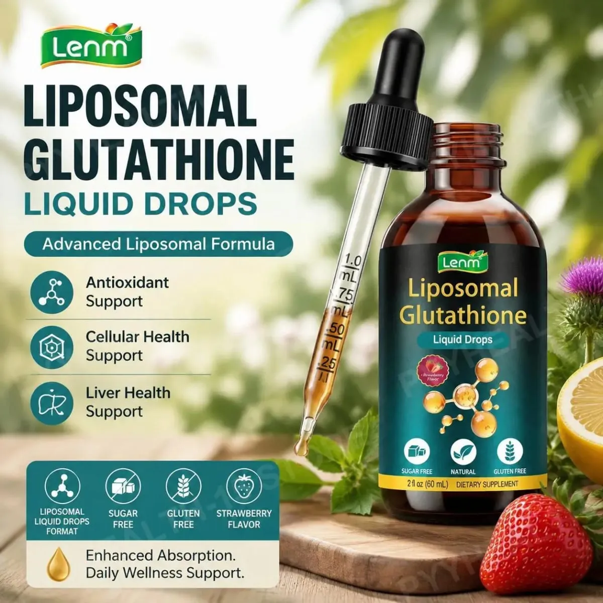 Lenm Liposomal Glutathione Liquid Drops for Antioxidant Cellular & Liver Support with NAC Vitamin C Strawberry Flavor 60 mL — image 2