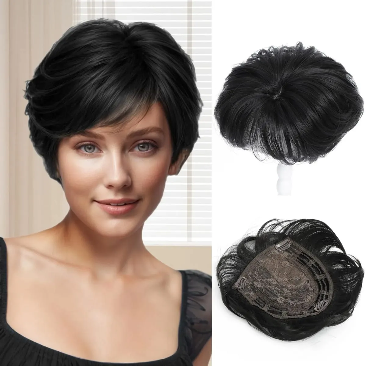 Synthetic 6inch Short Straight Topper Hairpiece Clip in Hair Extensions Natural Fluffy Head Top Hair Piece Replacement Cover