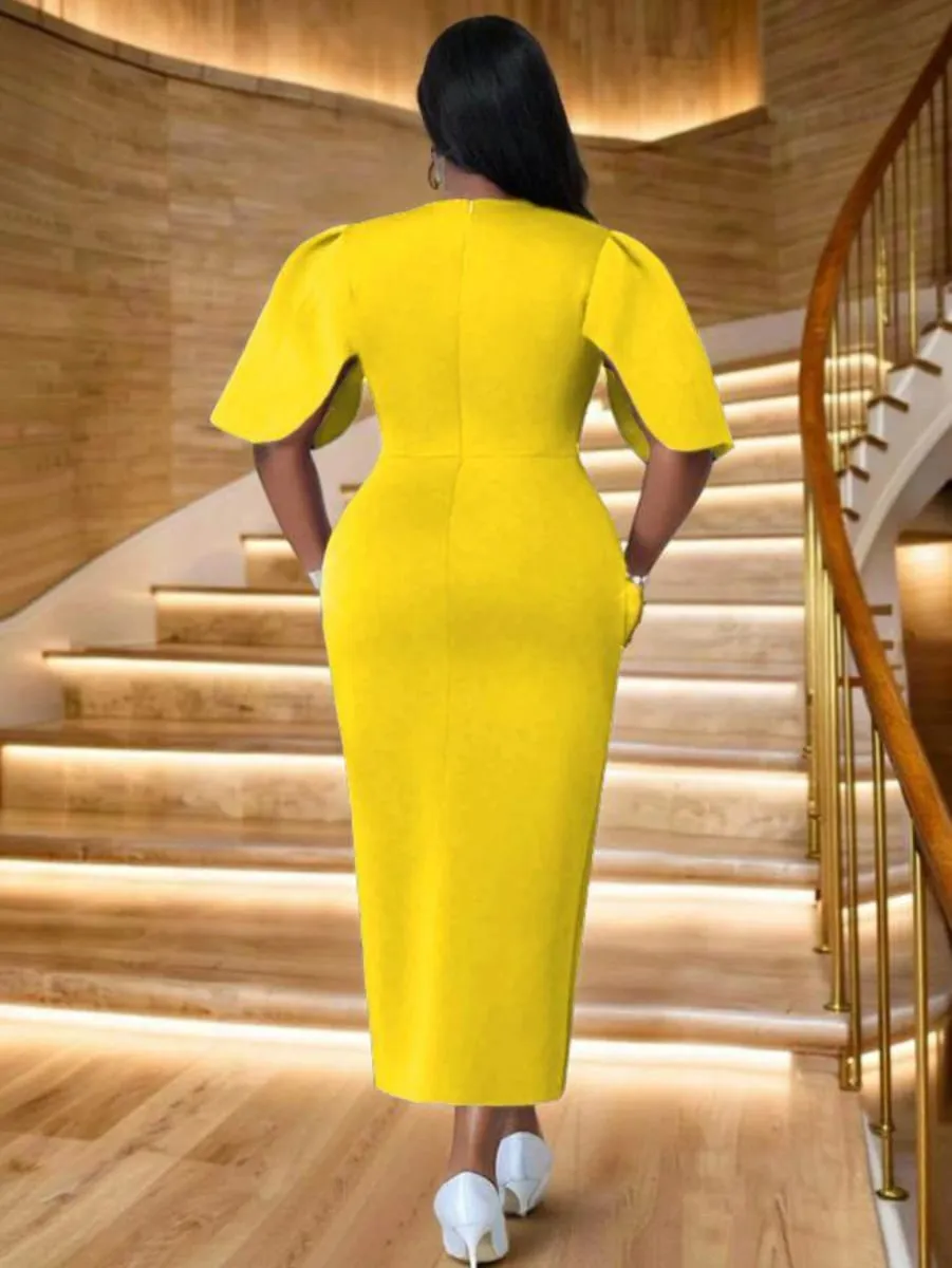Women's Round Neck Flutter Sleeve Diagonal Decor Split Midi Bodycon Dress Big Size For Formal Dinner Wedding Guest Evening Party Fashion Occasions — image 2