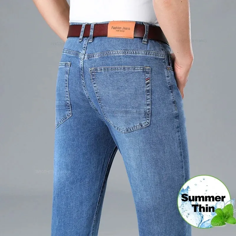 2026 Summer Brand Business Casual Men's Straight Denim Softener Lightweight Jeans Classic Embroidered Cotton Stretch Thin Pants — image 2