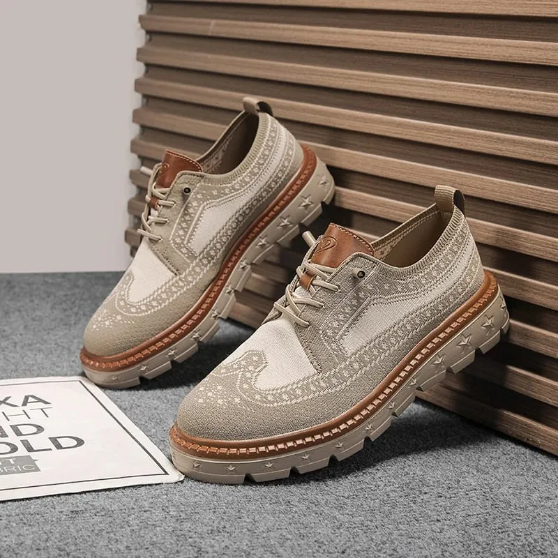 Men's Brogue Knit Oxford Sneakers Breathable Lightweight Casual Dress Walking Shoes Soft Cushion Non Slip Platform Fashion Sne — image 4