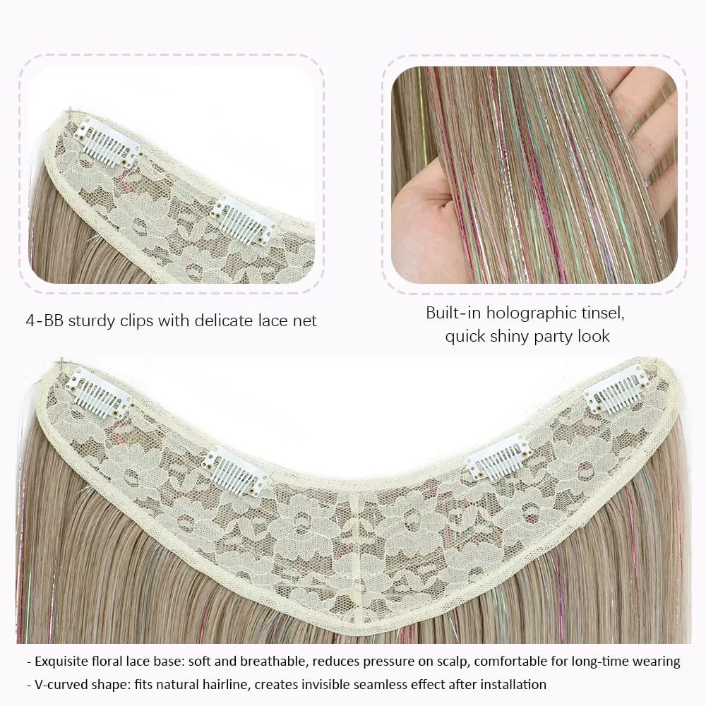 24Inch Long Straight Synthetic Clip‑in Hair Extensions Glitter Laser Tinsel Hair High‑Temp Fiber Shiny Hairpiece for Women Daily