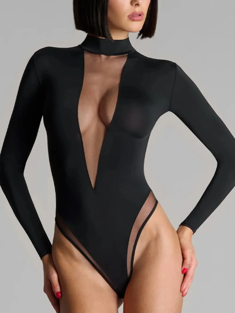 2026 new deep V perspective mesh splicing long sleeved black jumpsuit sexy spicy girl outfit party date niche trend fashion ins — image 4