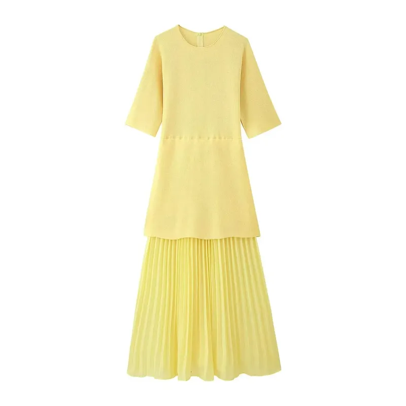 HH Mulheres Elegantes Meia Mangas Gola O Vestido Plissado Primavera Mulher Zíper Traseiro Emenda Vintage Casual Malha Vestido Longo — image 12
