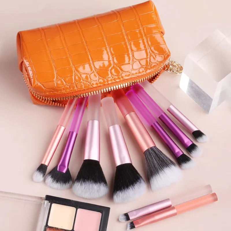 10Pcs Full Face Makeup Brush Kit Crocodile Grain Zipper Bag Powder Contour Shadow Brow Eyelash Cosmetic Brushes — image 11