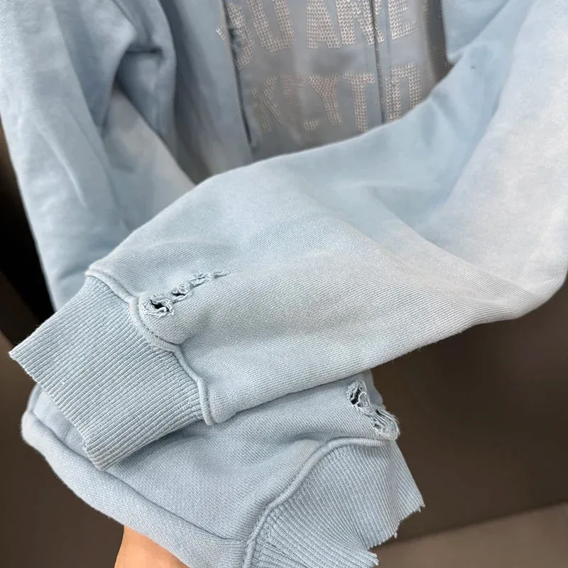 Light Blue PALY Letter Crystal Hoodie Ripped Washed Fashion Patch High Street Casual Men Women 1:1 Zipper Sweatshirts — image 11