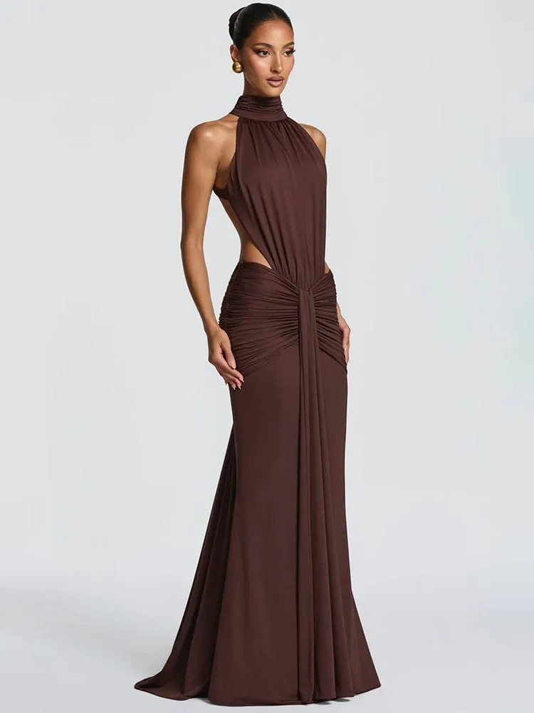 Mozision Turtleneck Backless Sexy Maxi Dress Women Gown Elegant Off-shoulder Sleeveless Ruched Bodycon Club Party Long Dress — image 2