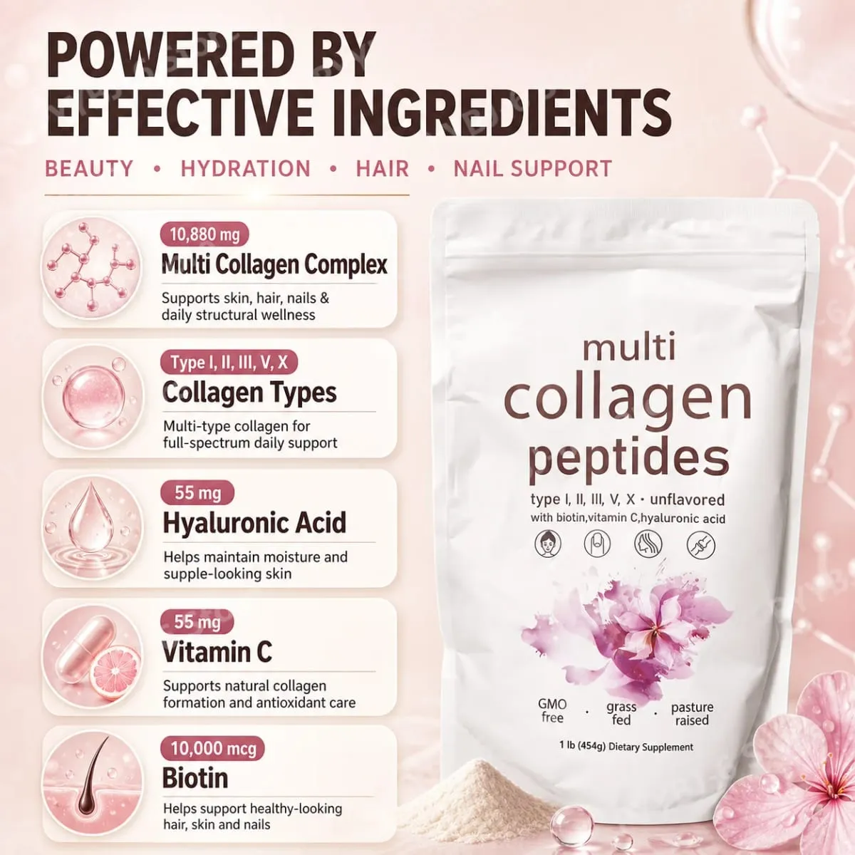 Multi Collagen Peptides Powder 454g Unflavored Collagen Blend na may Vitamin C Biotin Hyaluronic Acid Skin Hair Nails Support — image 4