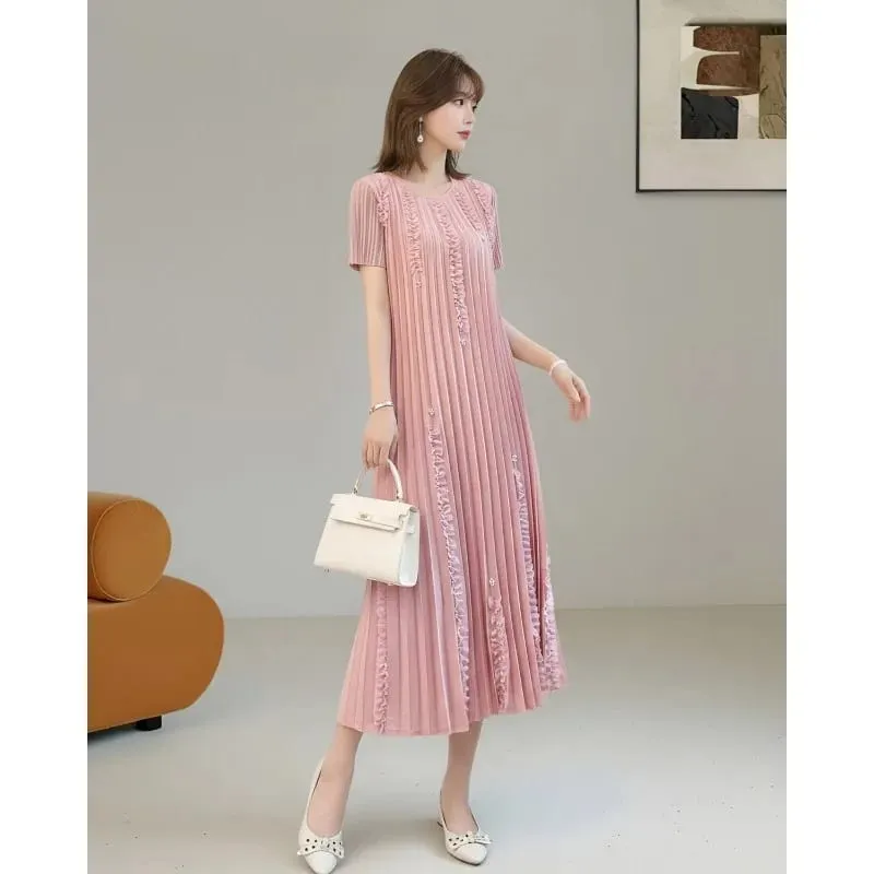Miyake Pleated Elegant Dresses Women 2026 Summer New Vacation Solid Color Dress Loose Pleats Short Sleeve Plus Size Fold Dress — image 3