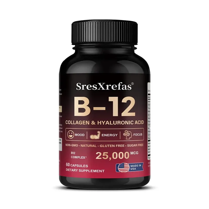 Vitamin B12 with Collagen Hyaluronic Acid - Supports Energy Focus Mood Nervous System & Immune Health Relieves Fatigue