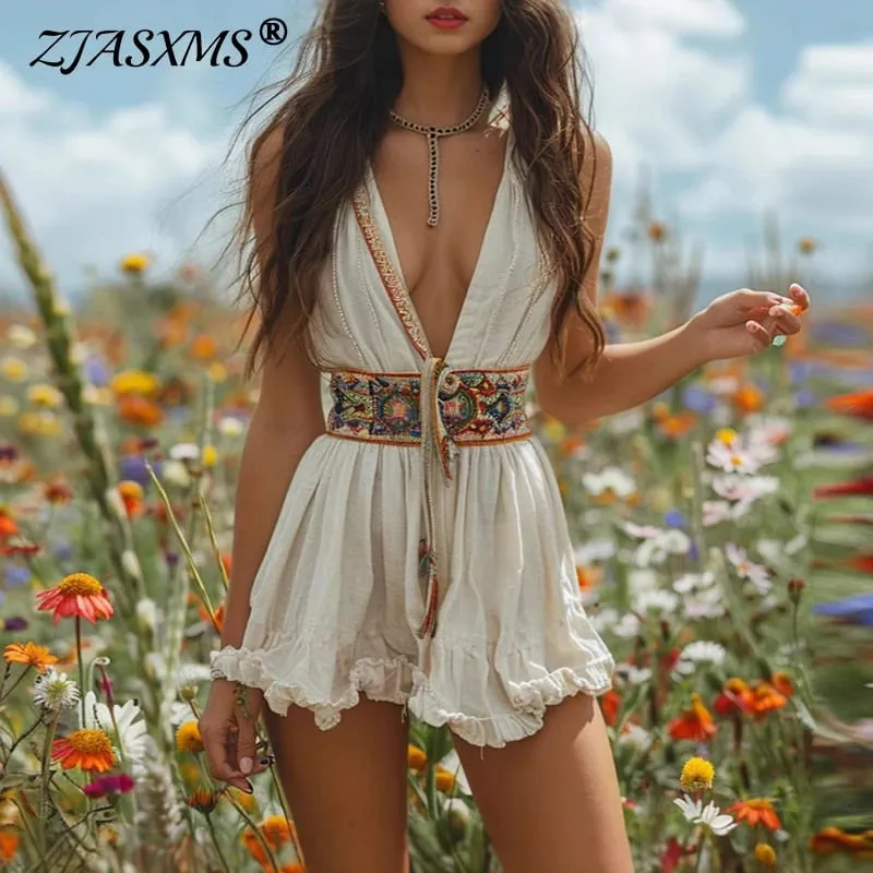 Vestidos sexy decote em v profundo oco vestidos de festa mulher primavera impresso bandagem plissado vestido curto verão sem mangas tanque mini vestido — image 2