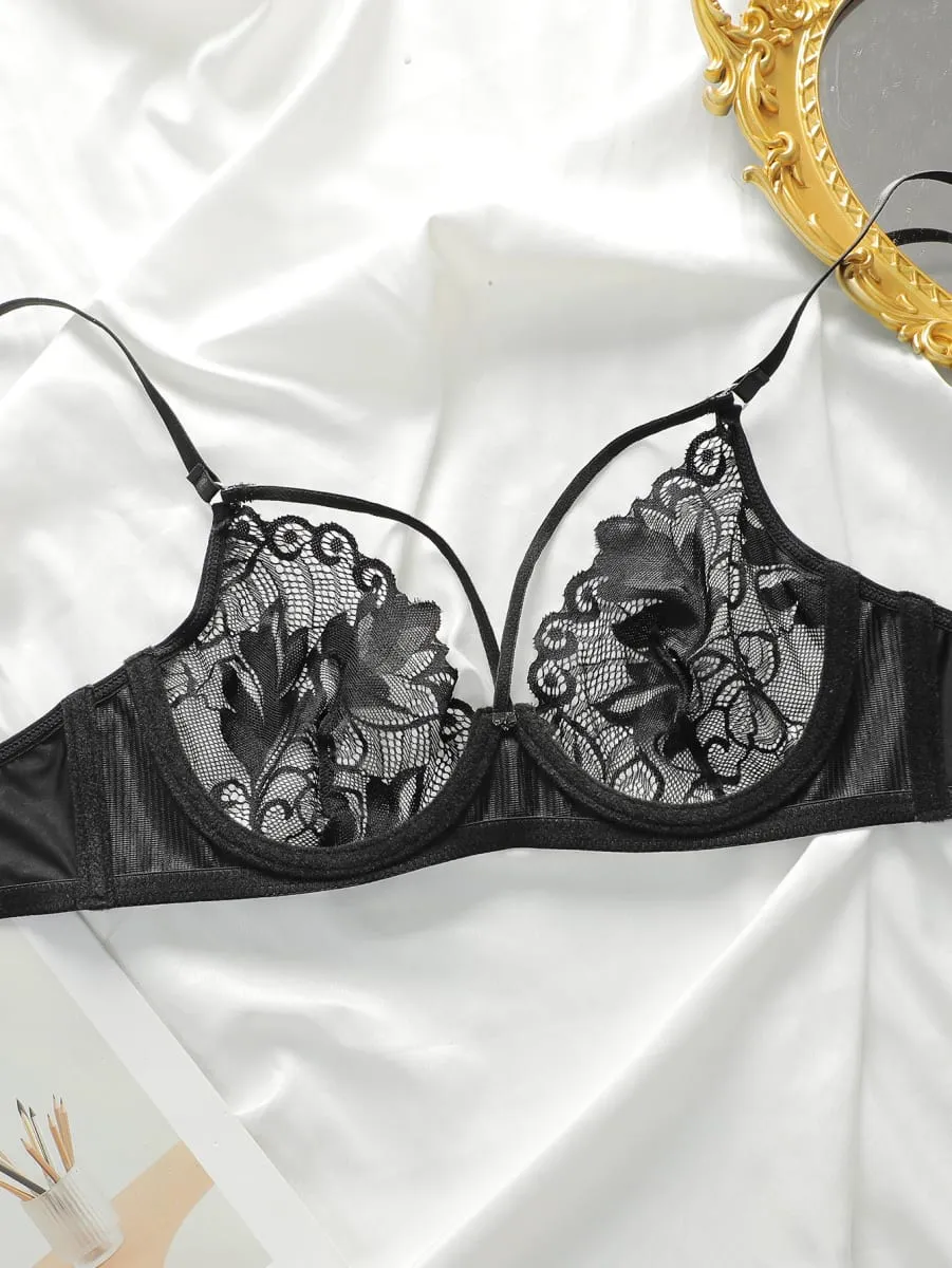Sexy Black Lace Underwire Unpadded Bra & Panty Set Demi Cup Push Up Bras for Women Matching Lingerie Set Valentine's Day — image 5