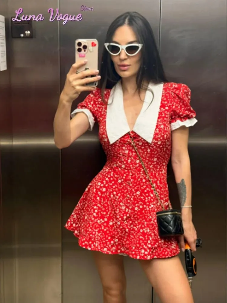 Elegant blommig klänning för kvinnor med midjeband Chic turndown-krage Puffärm A-linjeklänningar Dam Sommar Dagliga Vestidos — image 2