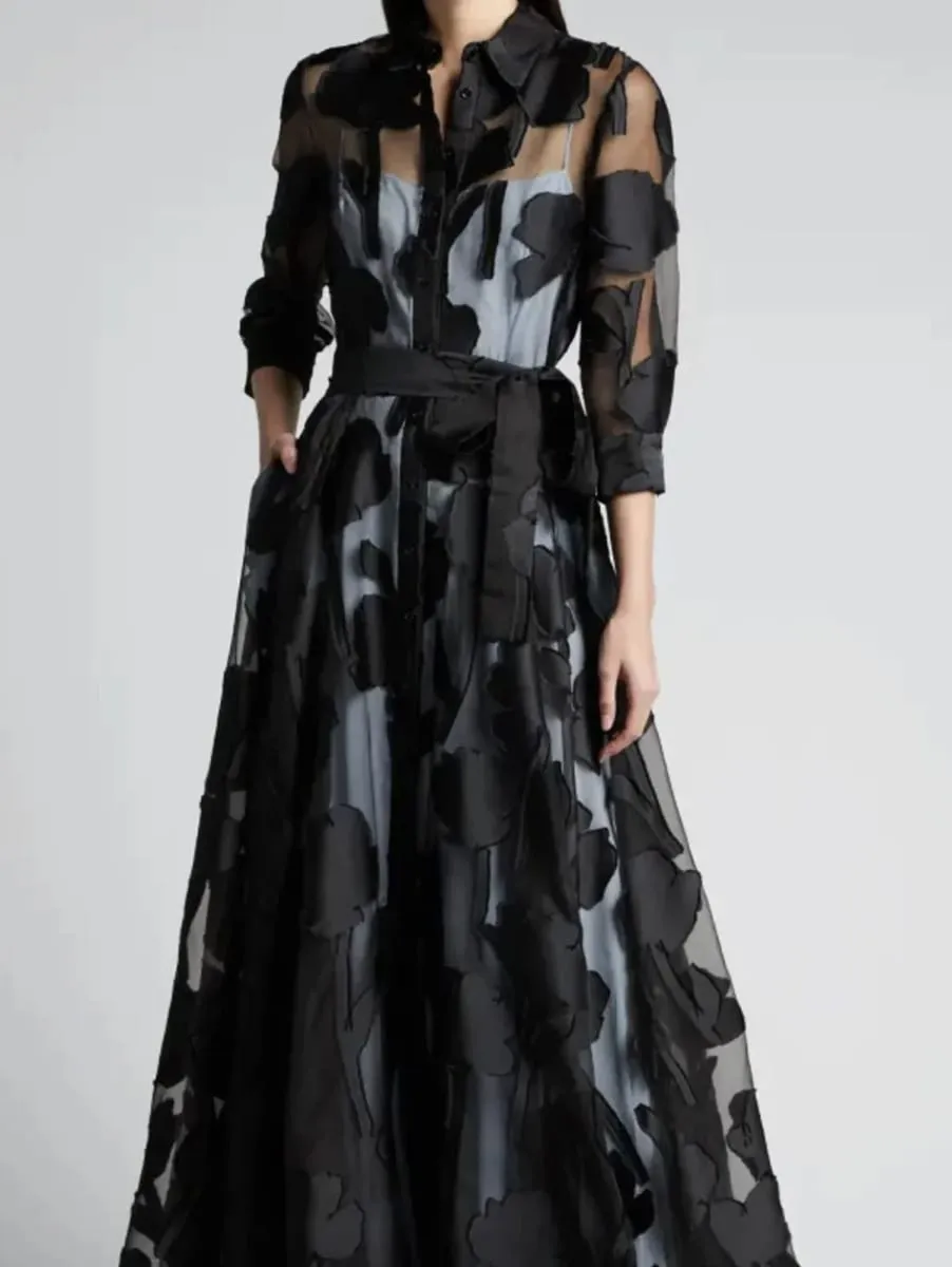 Elegante manga de três quartos com nó cintura jacquard malha maxi vestido para mulheres sem forro transparente clube festa vestido longo — image 3