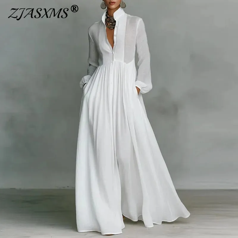 French Elegant High Waist Swing Long Dress Woman Spring Solid Pockets Pleated Maxi Dress Autumn Long Sleeve Button Evening Dress — image 2