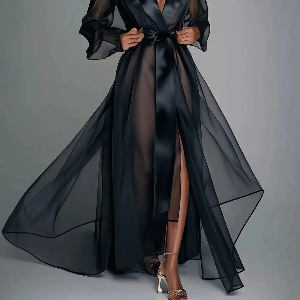 Organza ver através de manga longa rendas até robe maxi vestido verão lapela gola moda roupões de noiva vestido feminino vestido de festa sólido