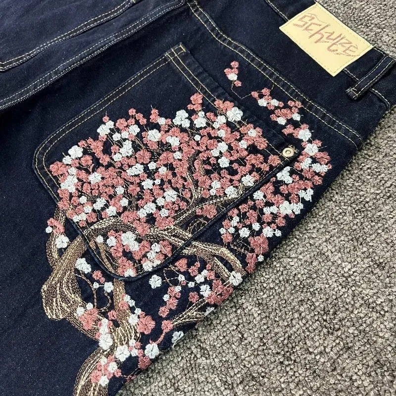 Heavy Embroidery Flowers Derschutze Mens Jeans Men Women 1:1 Best Quality Vintage Derschutze Womens Straight-leg Denim Pants — image 2