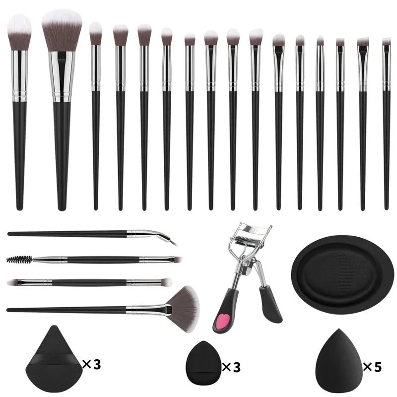Kit d'outils de maquillage, 33 pièces, 20 pinceaux de maquillage avec bouffée de poudre, bol de nettoyage, recourbe-cils, ensemble de maquillage complet pour les yeux — image 11