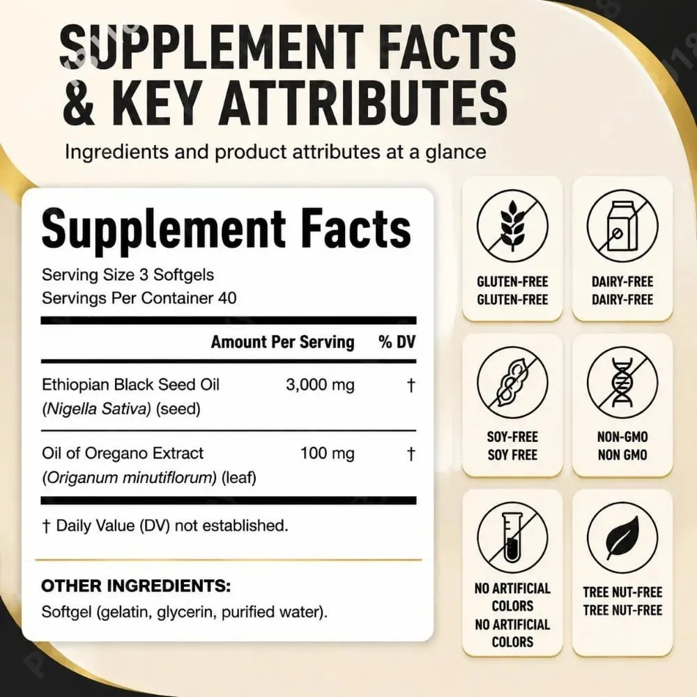 Óleo de semente preta etíope 3000 mg cápsulas moles com óleo de orégano apoiam a saúde imunológica, equilíbrio digestivo e vitalidade diária 120 contagens — image 3