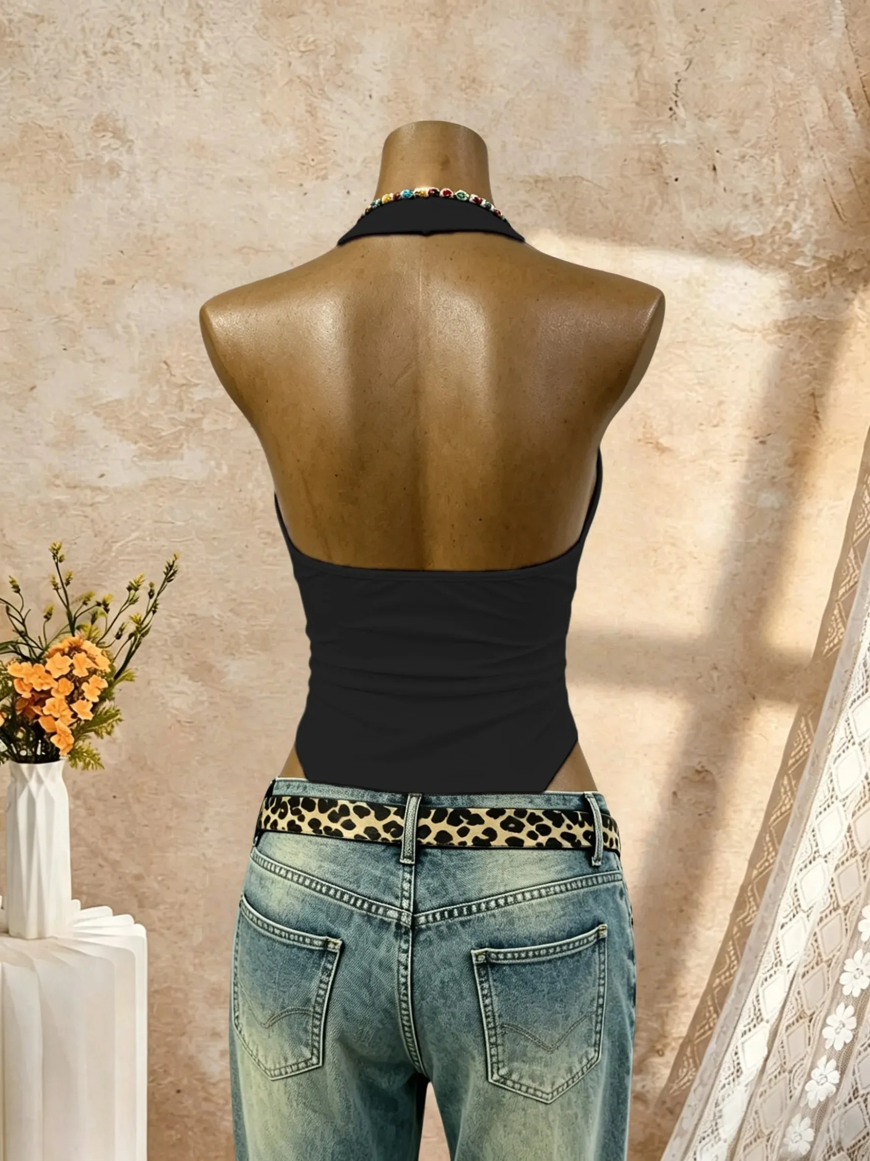 Women Halter Deep V Neck Bodysuit Solid Color Sleeveless Ruched Front Slim Fit Basic Jumpsuit Tank Top — image 2