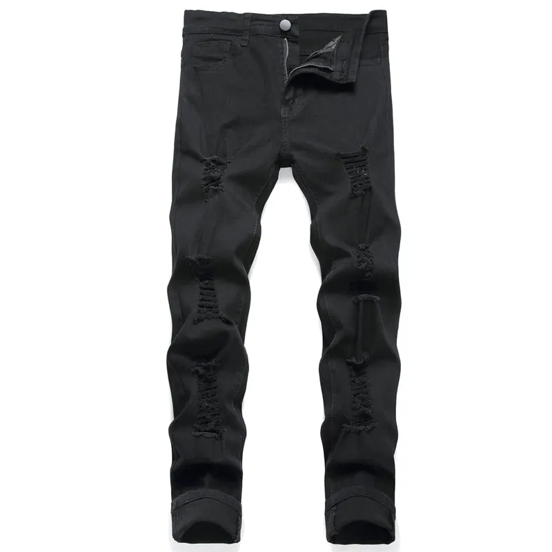 Black Skinny Stretch Ripped Jeans Men's Slim Distressed Kpop Y2K Hip Hop Rock Pants Street Style Ripped Stretch Denim Trousers