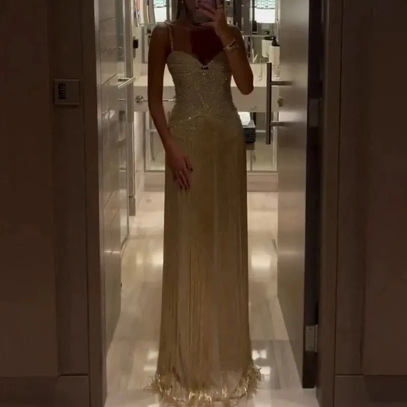 Fashion Backless Slim Fit Evening Gown Shiny Sequined High Waist Women Long Dress Sexy Wrap Chest Sleeveless Hollow Tassel Dress — image 6