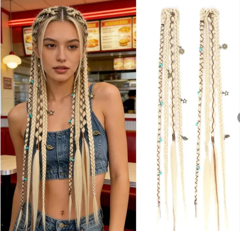 2PCS Synthetic 20Inch Bohemian Braided Ponytail Hair Extensions With Metal Charms Brown Mix Burgundy Handmade Box Braid Ponytail