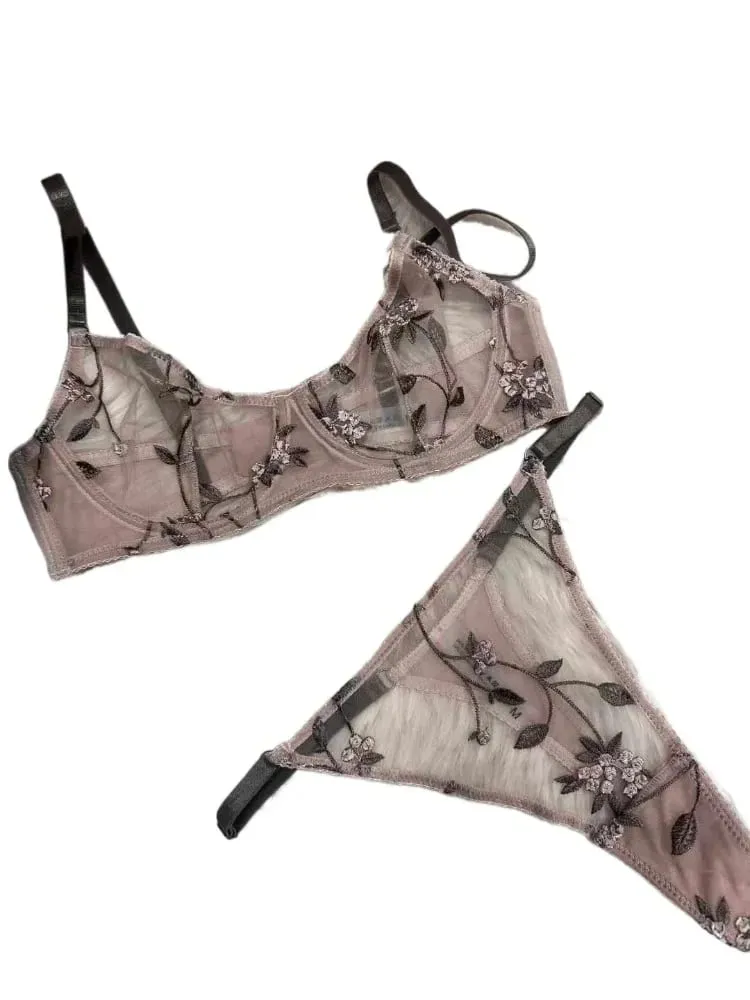 Supportive Underwire Lingerie Set Sheer Mesh Bra & Briefs Sexy Embroidered Lace Ultra Thin Demi Cup Anti-Sag Date Gift for Her — image 1