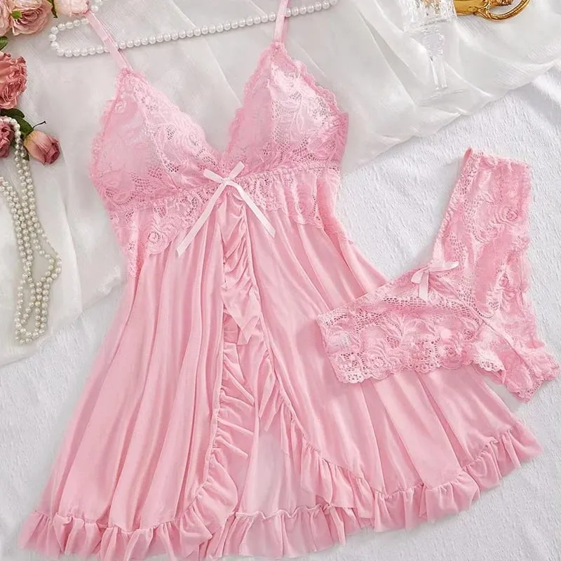 2 Pcs Women Lace Nightgown Set Deep V Neck Bra Panties Transparent Solid Slim Soft Split Nightdress Lingerie — image 9