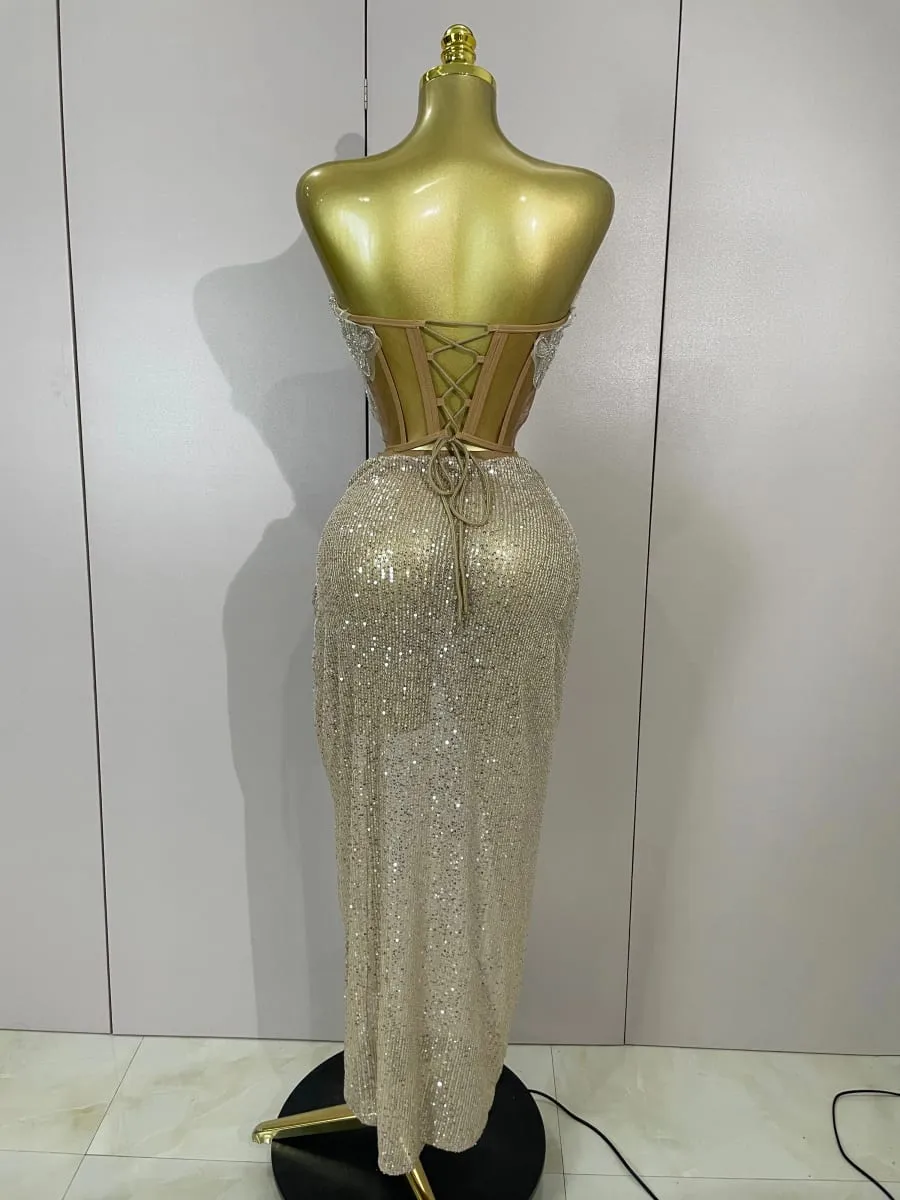Brilhante lantejoulas miçangas sexy sem alças duas peças conjunto feminino noite celebrar boate festa de luxo vestido de aniversário traje de palco — image 3