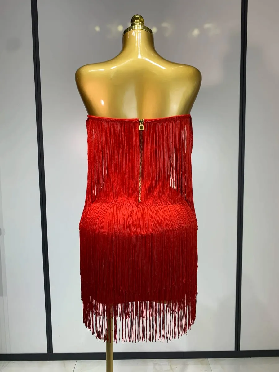 Women Sexy Strapless Tassel Off Shoulder Bandage Dress Fancy Club Celebrity Evening Party Mini Bodycon Dress Birthday Vestido — image 4