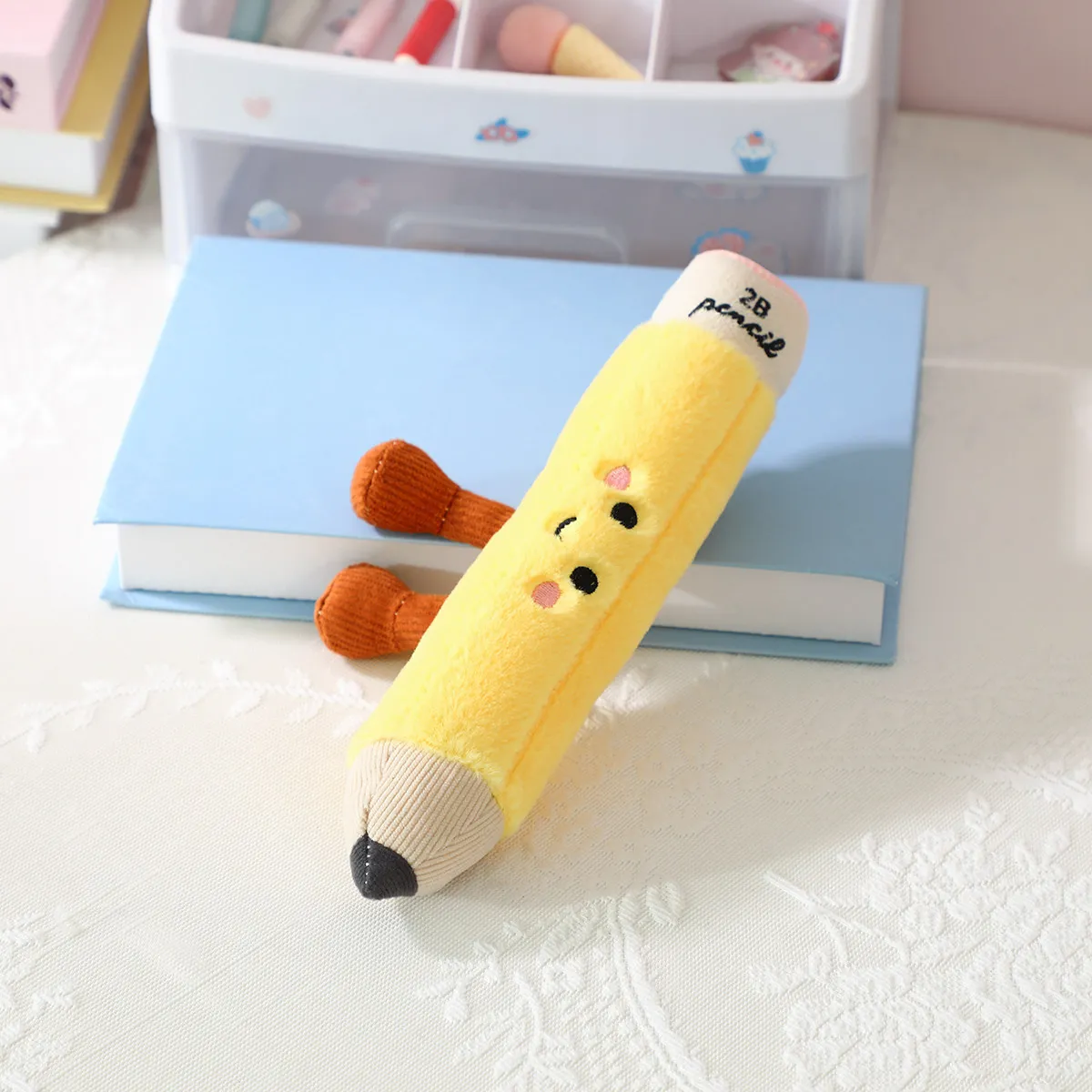 1pc Stationery Plush Toy Smiling Kawaii Face Pencil Book Ruler with Legs Humanoid Doll Decor Plushie Birthday Gift — image 2