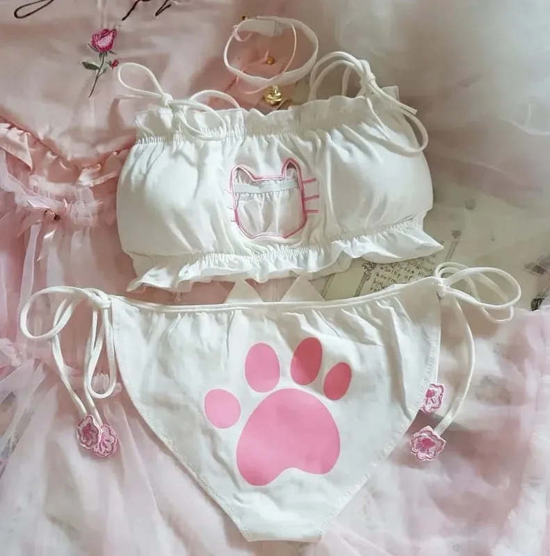 Japonês anime gato menina cosplay sutiã calcinha conjunto feminino lingerie sexy roupa interior íntimo kawaii lolita oco para fora kitty nightwear — image 7