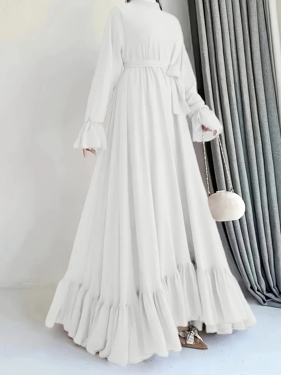 Elegant Solid Color Long Sleeve Dress Casual Loose Strap round Neck Flared Skirt Patchwork Pleated Gown for Women — image 3