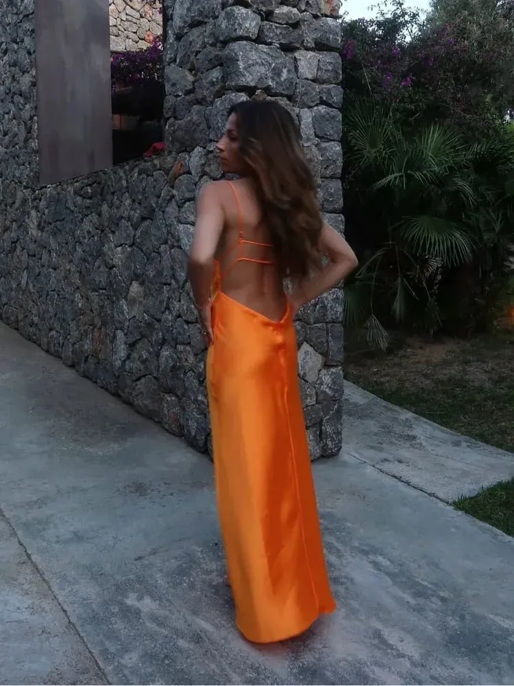 Women Orange Satin Sling Long Dress Fashion Solid Backless Sleeveless V-neck Pleated Gowns 2026 Lady Evening Party Robes Summer — image 5