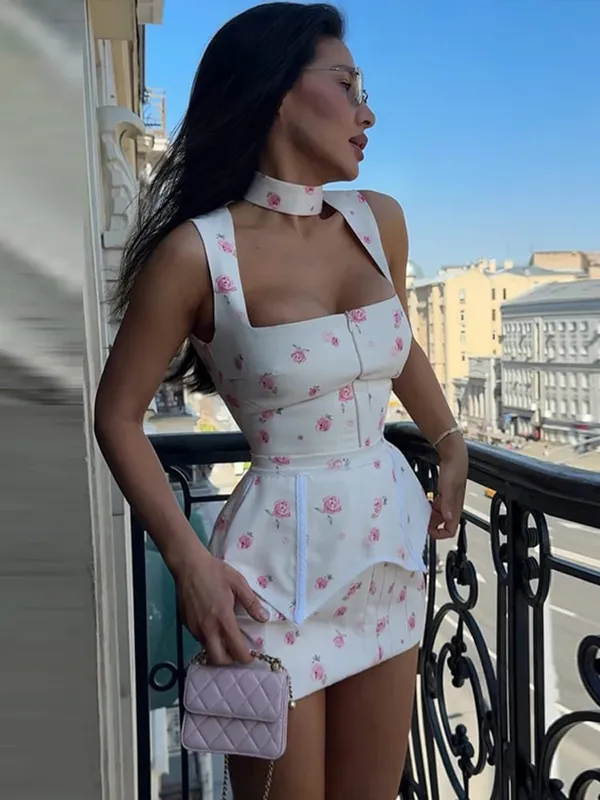 White Pink Floral Choker Neck Dress Women Elegant V-neck 3/4 Sleeves Peplum Ruffle Hem Long Dresses 2026 Lady Daily Vestidos New