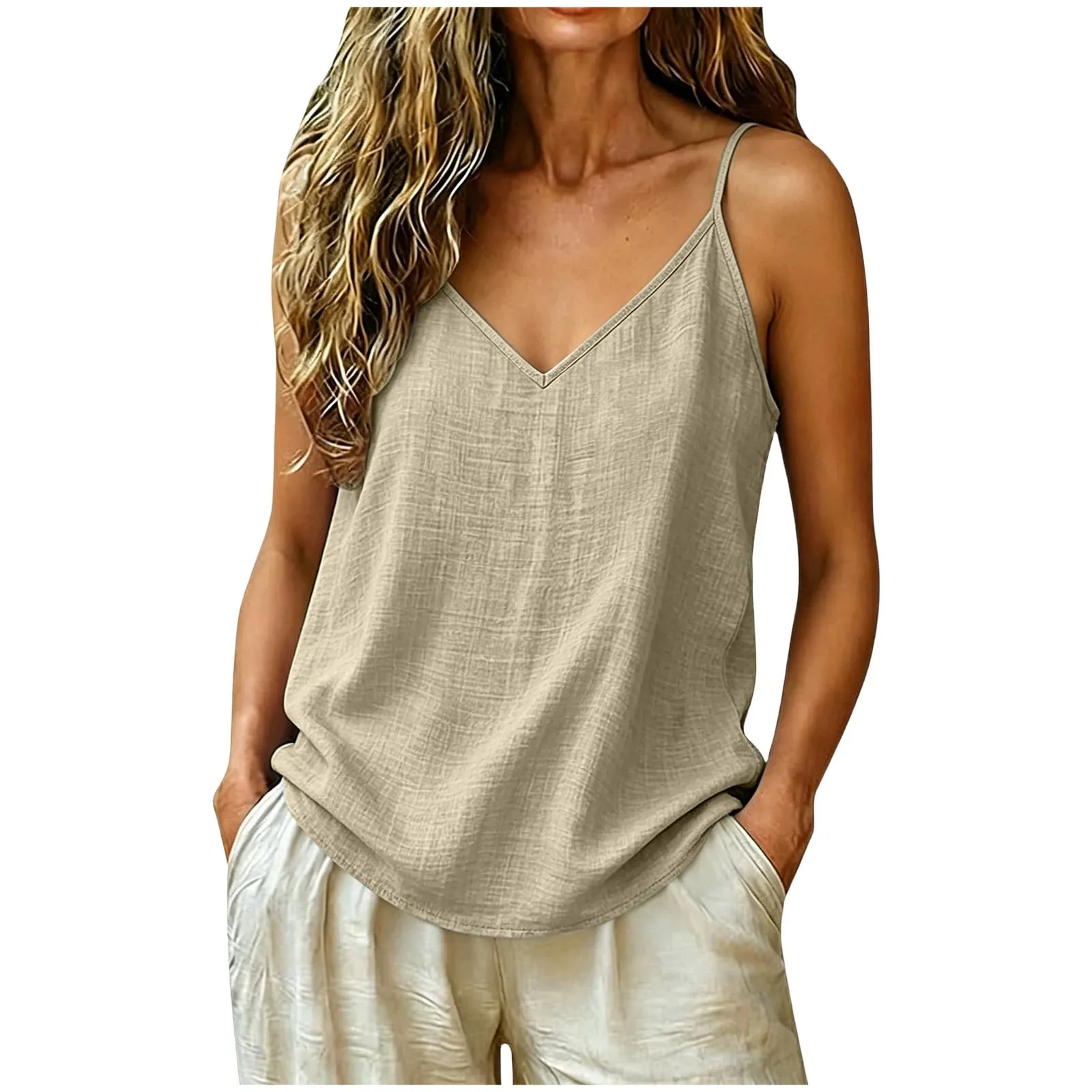 Women Cotton Linen Spaghetti Strap Tank Top V Neck Solid Color Loose Fit Lightweight Casual Sleeveless Camisole Summer Beach Top — image 4