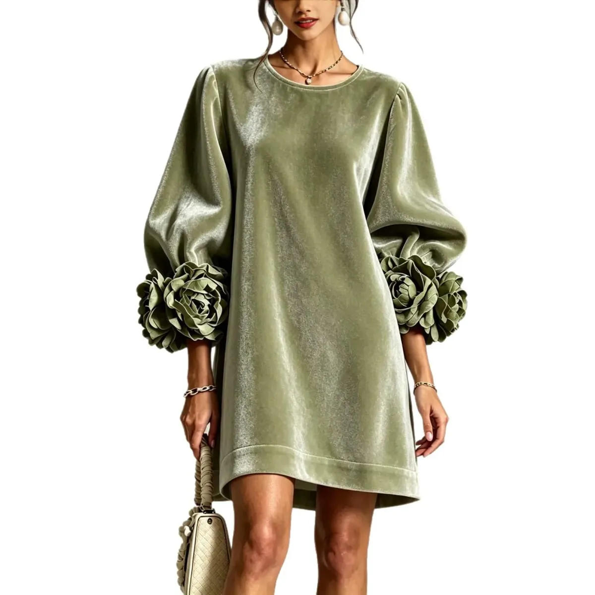 Autumn Winter Women Velvet Mini Dress O Neck Puff Long Sleeve 3D Flower Cuff Decor Loose Casual Hot Hit Fashion Short Dresses — image 6