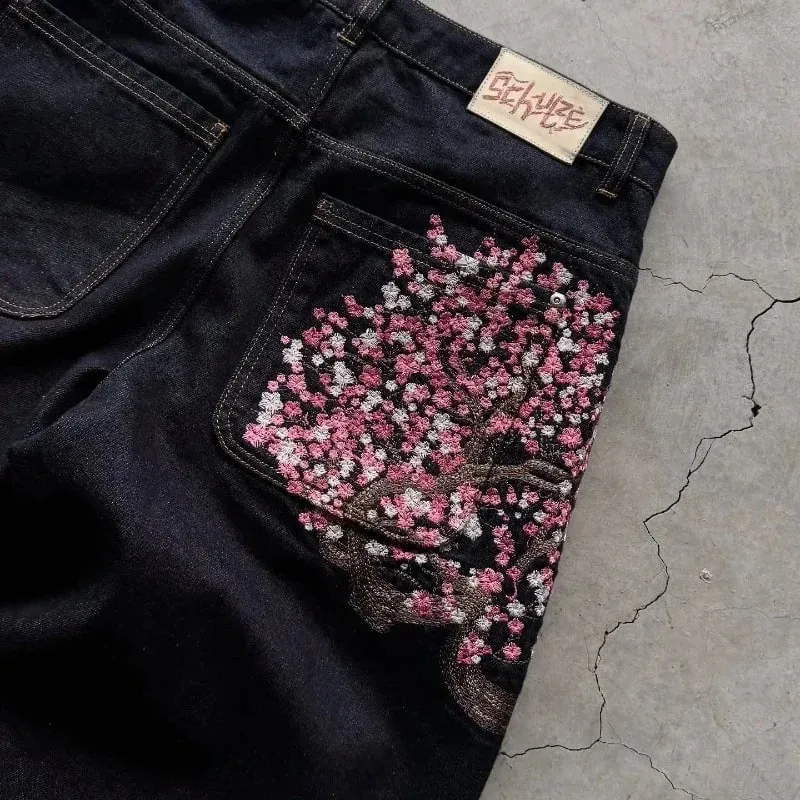 New Sakura Carp Embroidered Jeans Y2k Harajuku Retro Men and Women Loose Street Style Trousers Gothic Punk Casual Straight Jeans — image 5