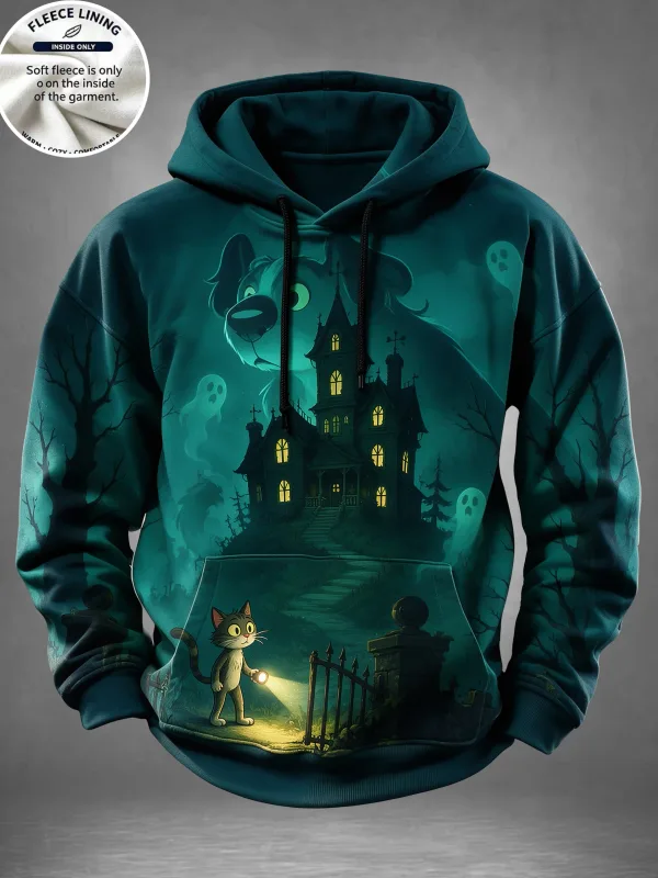 English: Halloween Haunted House Ghost Pumpkin Bat Print Hoodie Men Fleece Lined POD Sweatshirt Casual Long Sleeve Pullover — image 6