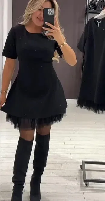 Elegant Casual Dress Spring Summer New Style Hot Rhinestone Hem Mesh Solid Fashion Dress Para sa Babae Short Sleeve Holiday Dress