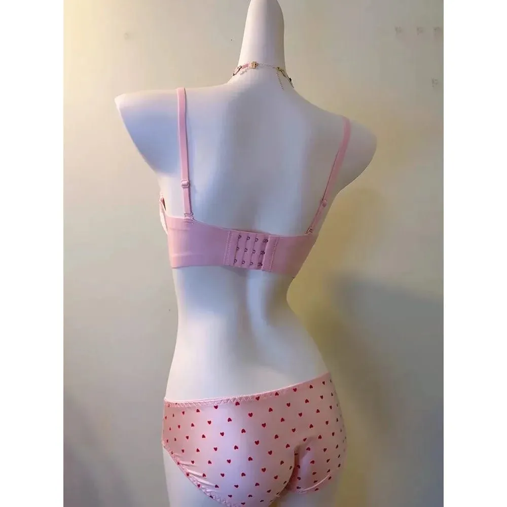 Kawaii doce coração renda sutiã conjunto de calcinha push up pequeno peito coleção lateral anti sag conforto roupa interior feminina 32-38 tamanho — image 4