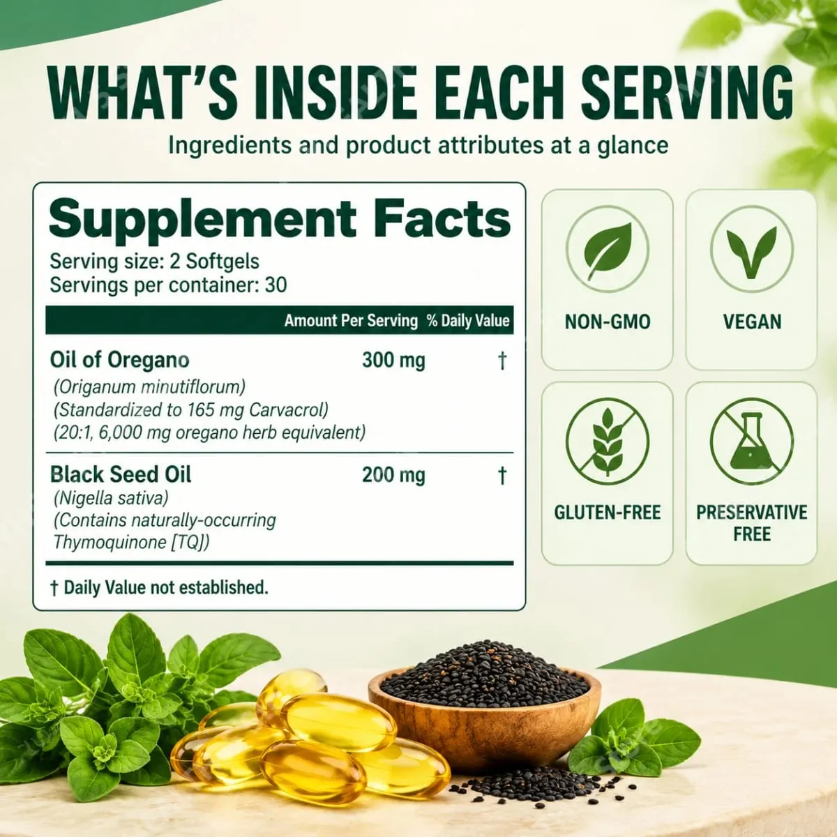Oil of Oregano Softgels with Black Seed Oil 6000mg 165mg Carvacrol Thymoquinone Gluten Free Daily Wellness 60/180 Softgels — image 2