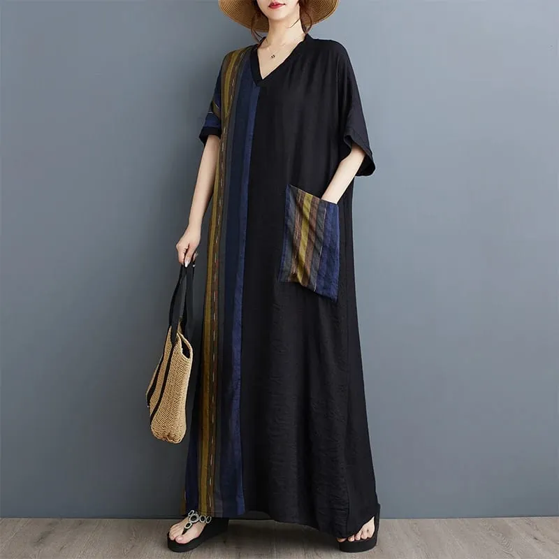 Long V-Ne ort Sve Printed Slimming Cotton Linen Dr Color Blo Casual Loose Fit Summer Faion plus Size Women — image 8