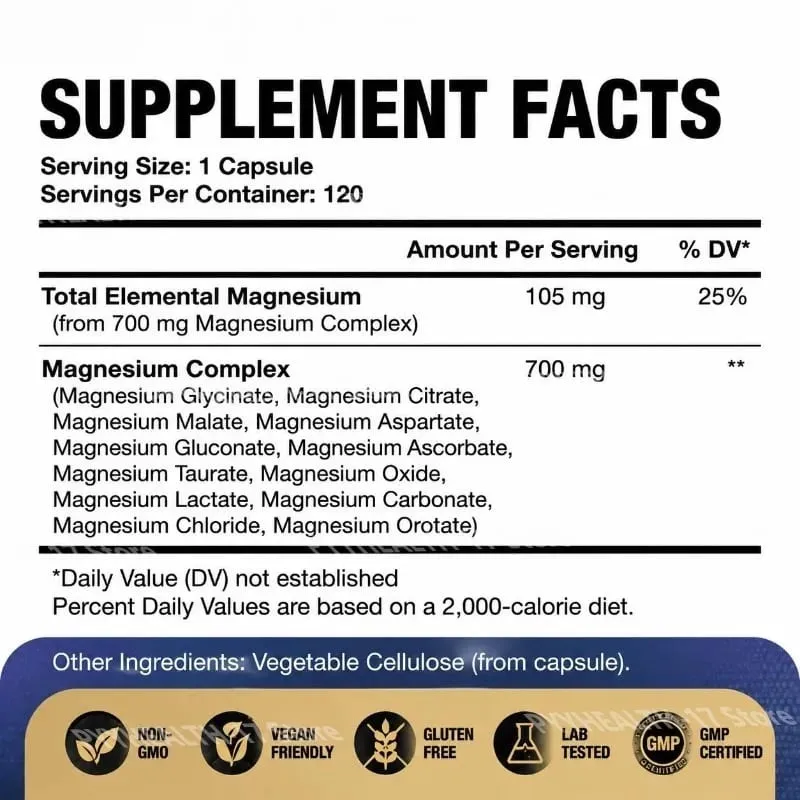Magnesium 12-In-1 Complex Capsules for Sleep Support and Muscle Relaxation Nervous System & Heart Health 120 Capsules — image 3