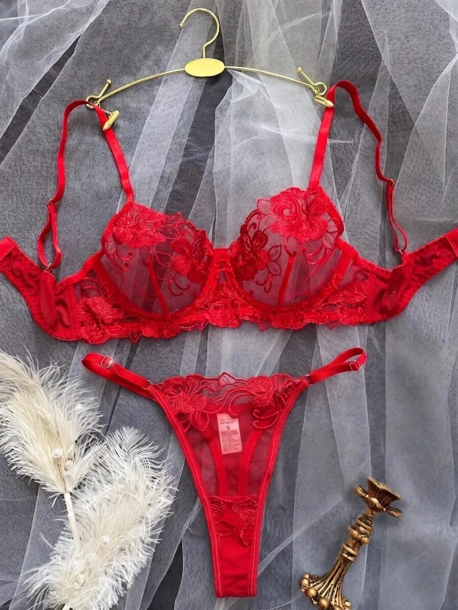 A1 sexy vermelho floral bordado puro laço lingerie conjunto S-XL feminino ver através de malha sutiã tanga 2 pçs romântico dia dos namorados íntimos — image 5
