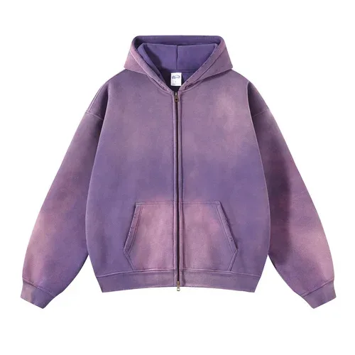 Moletom com capuz masculino com zíper, tie-dye lavado, cardigan duplo grande, solto, plus, gradiente de pelúcia, pulôveres com capuz para inverno — image 12