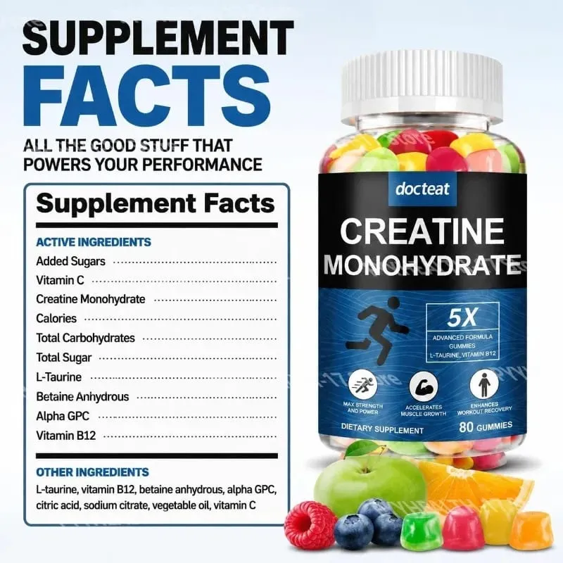 Docteat Creatine Monohydrate Gummies Chewable for Strength and Power Supports Muscle Growth and Workout Recovery 80 Gummies